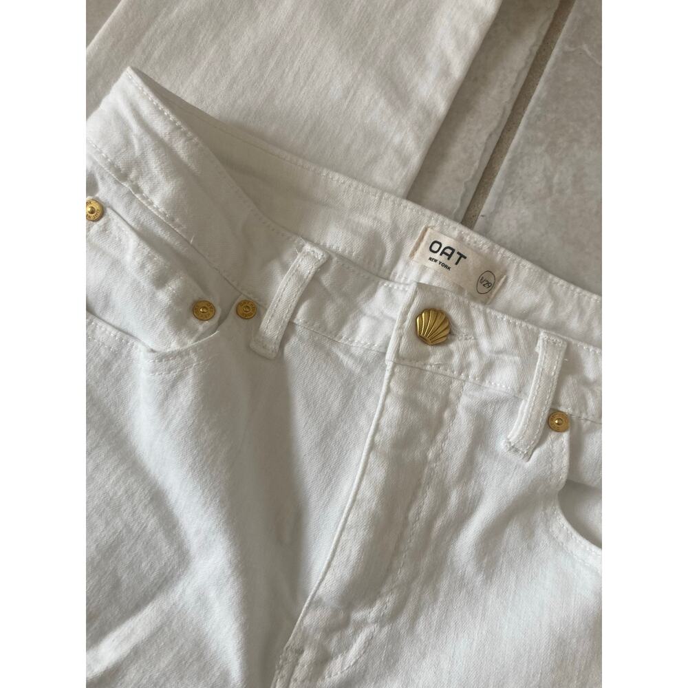 OAT New York White High Rise Straight Leg Jeans Seashell Button Raw Hem 8 - Picture 2 of 10